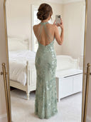 Satin Jacquard Mermaid V Neck Long Formal Dresses