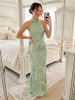 Tulle Halter Mermaid Long Formal Dresses with Scarf