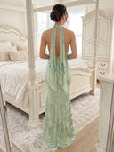 Tulle Halter Mermaid Long Formal Dresses with Scarf