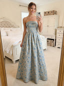 Satin Jacquard A Line Strapless Long Formal Dresses