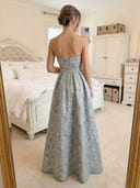 Satin Jacquard A Line Strapless Long Formal Dresses