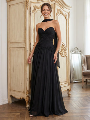 Chiffon A Line Strapless Long Formal Dresses with Scarf