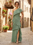 Chiffon One Shoulder A Line Long Formal Dresses with Ruffles