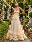 Satin Strapless A Line Floor Length Formal Dresses with Flower