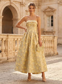 Satin Jacquard Strapless A Line Tea Length Formal Dresses