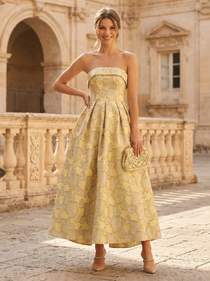 Satin Jacquard Strapless A Line Tea Length Formal Dresses