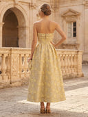 Satin Jacquard Strapless A Line Tea Length Formal Dresses