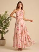 Chiffon One Shoulder A Line Long Formal Dresses with Print Flower