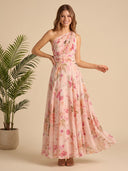 Chiffon A Line Formal Dresses Round Neck Sleeveless Long Wedding Guest Maxi Dresses