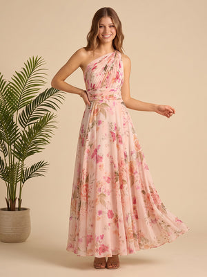 Chiffon One Shoulder A Line Long Formal Dresses with Print Flower