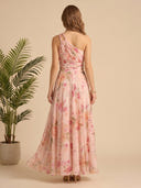 Chiffon One Shoulder A Line Long Formal Dresses with Print Flower