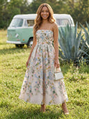 Satin Strapless A Line Tea Length Formal Dresses with Jacquard
