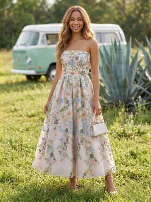 Satin Strapless A Line Tea Length Formal Dresses with Jacquard