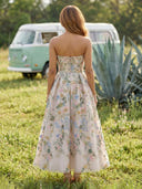 Satin Strapless A Line Tea Length Formal Dresses with Jacquard