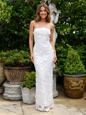 Tulle Strapless Mermaid Long Formal Dresses with Flower
