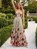 Tulle Strapless A Line Long Formal Dresses with Flower