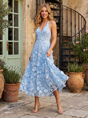 Tulle Spaghetti Straps V Neck Tea Length Formal Dresses with Flower