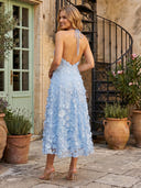 Tulle Spaghetti Straps V Neck Tea Length Formal Dresses with Flower