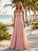 Tulle Cowl Neck A Line Long Formal Dresses with Jacquard