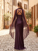 Satin Mermaid Square Neck Long Formal Dresses with Scarf