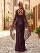 Satin Mermaid Square Neck Long Formal Dresses with Scarf Wedding Guest Maxi Dresses