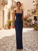 Sequin Sheath Square Neck Long Formal Dresses