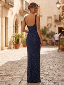 Sequin Sheath Square Neck Long Formal Dresses