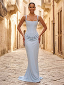 Satin Mermaid Sheath Square Neck Long Formal Dresses