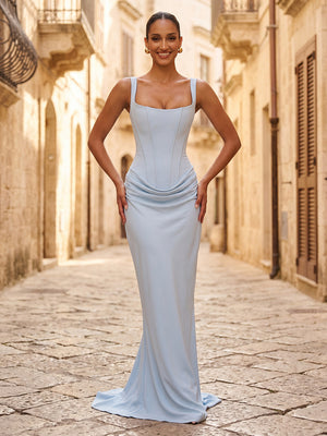 Satin Mermaid Sheath Square Neck Long Formal Dresses