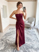 Satin Mermaid Sheath Strapless Long Formal Dresses with Slit
