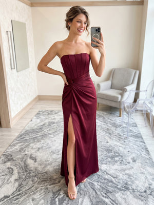 Satin Mermaid Sheath Strapless Long Formal Dresses with Slit