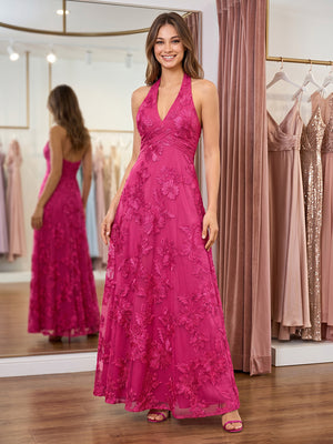 Floral Jacquard Mermaid Halter Long Formal Dresses