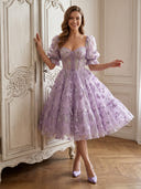 Tulle Jacquard A Line Short Sleeves Tea Length Formal Dresses