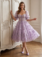 Tulle Jacquard A Line Short Sleeves Tea Length Formal Dresses