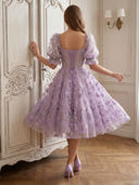 Tulle Jacquard A Line Short Sleeves Tea Length Formal Dresses