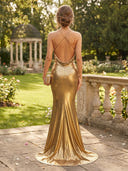 Metallic Satin Cowl Neck Mermaid Spaghetti Straps Long Formal Dresses