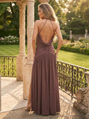 Satin Halter Mermaid Pleated Long Formal Dresses with Slit