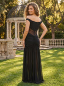 Satin Mermaid Off the Shoulder V Neck Long Formal Dresses with Slit
