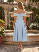 Satin A Line Off the Shoulder Tea Length Formal Dresses