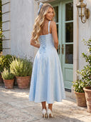 Jacquard Satin A Line Spaghetti Straps Tea Length Formal Dresses