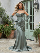 Satin Mermaid Strapless Cowl Neck Long Formal Dresses with Scarf