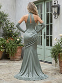 Satin Mermaid Strapless Cowl Neck Long Formal Dresses with Scarf
