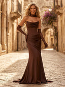 Satin Mermaid Strapless Long Formal Dresses with Scarf