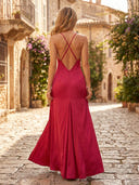 Satin A Line V Neck Spaghetti Straps Long Formal Dresses with Slit
