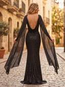 Sequin Mermaid Sweetheart Sleeveless Long Formal Dresses with Scarf