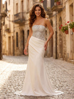 Satin Mermaid Strapless Sleeveless Long Formal Dresses with Pleated