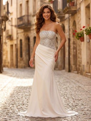Satin Mermaid Strapless Sleeveless Long Formal Dresses with Pleated