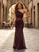 Tulle Mermaid One Shoulder Long Formal Dresses with Pleats