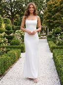 Satin Mermaid Square Neck Spaghetti Straps Long Formal Dresses with Bow