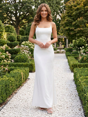 Satin Mermaid Square Neck Spaghetti Straps Long Formal Dresses with Bow